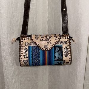 Peruvian Genuine Tooled Graphic Leather Stripe Mini Crossbody Bag